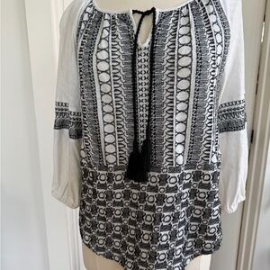 Embroidered Black & White Peasant Blouse with Tassel Tie